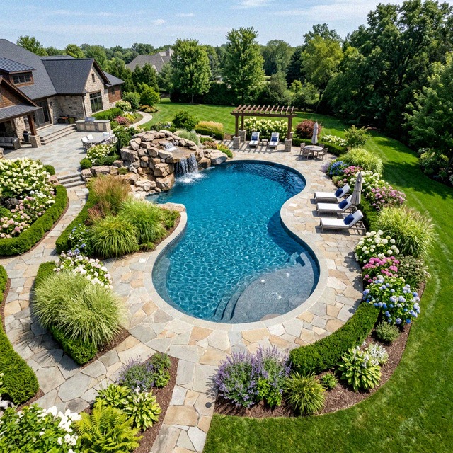 Aerial view of a finished Gedney Pools freeform custom gunite estate pool in Fairfield County