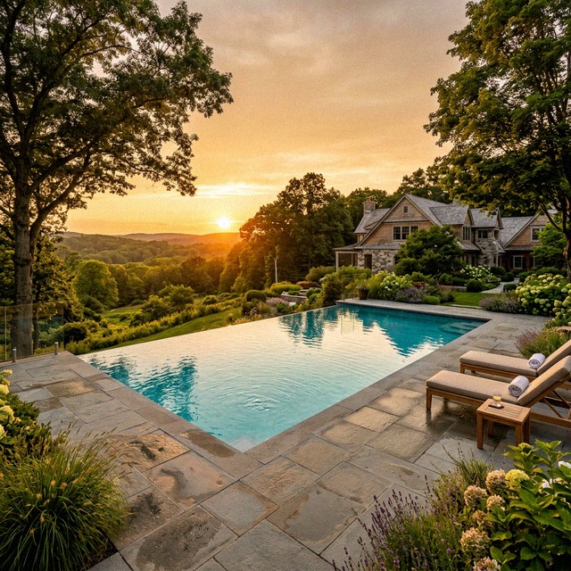 Golden hour over a Gedney Pools custom gunite infinity pool in Fairfield County, Connecticut