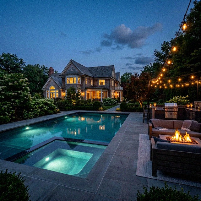 Complete outdoor living environment at dusk with custom gunite pool, spa, fire and lounge terrace