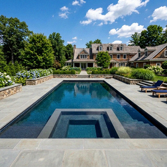 Formal rectangular custom gunite pool with stone coping on a Fairfield County, Connecticut estate