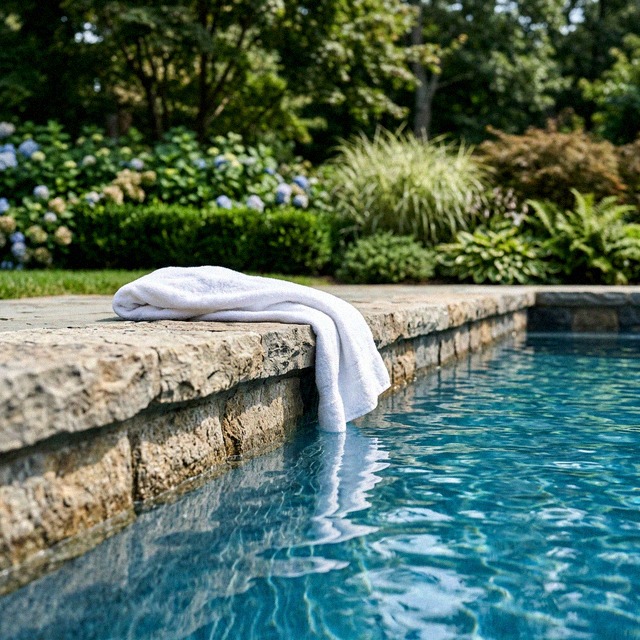 Hand-set natural stone coping detail on a Gedney Pools custom gunite pool