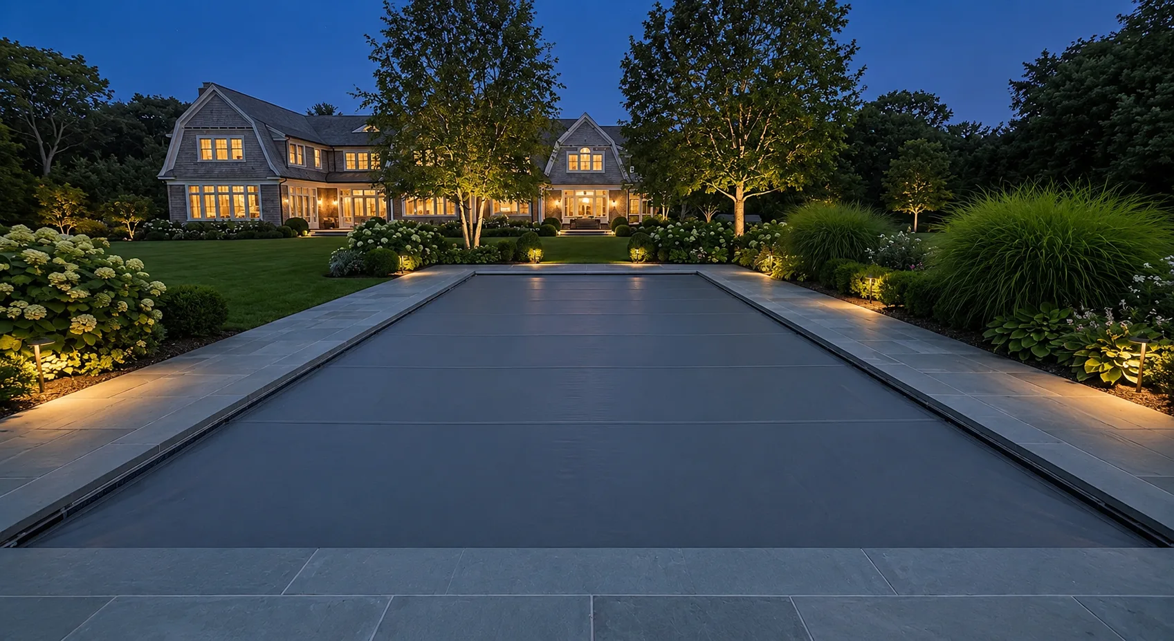 Automatic pool cover integrated flush into bluestone coping on a Gedney Pools custom gunite pool at twilight