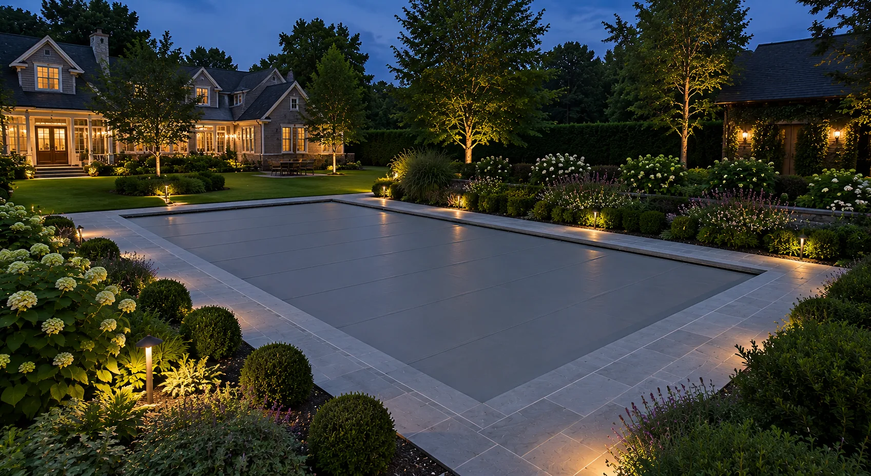 Closed automatic pool cover at twilight on a Connecticut estate — Gedney Pools