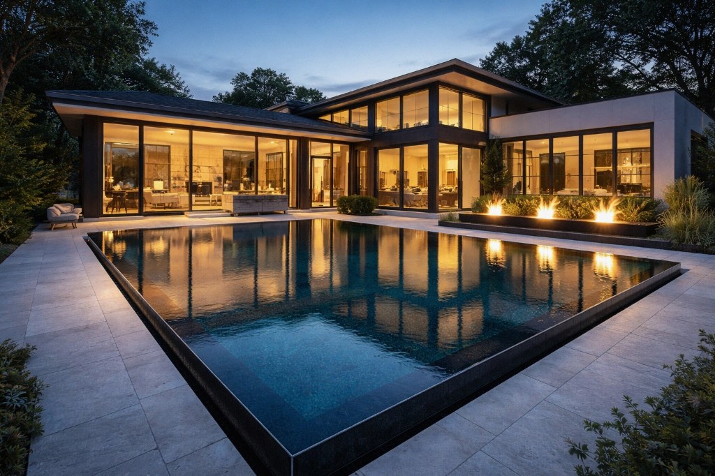 Fire and water together at dusk on a custom Gedney Pools gunite pool and spa