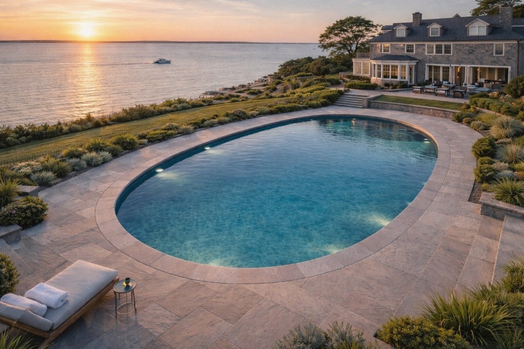 Sunset over a Gedney Pools freeform gunite estate pool, ready for a family summer