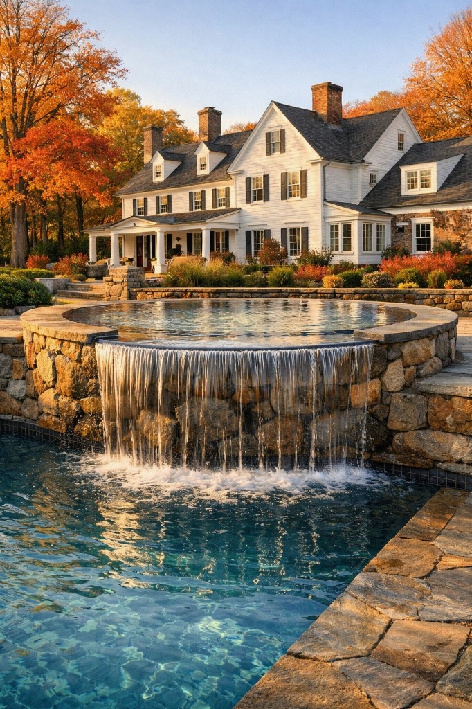 Hand stacked natural stone waterfall spilling into a custom gunite pool