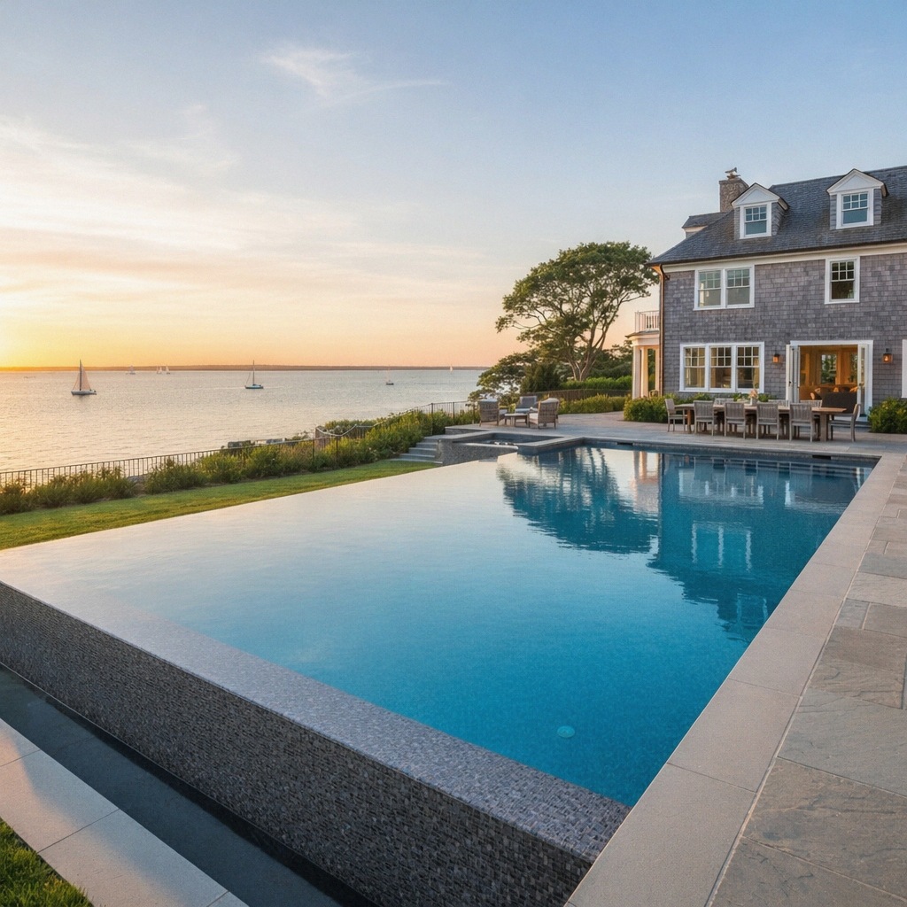 Vanishing edge merging with Long Island Sound at golden hour on a Gedney Pools custom gunite pool