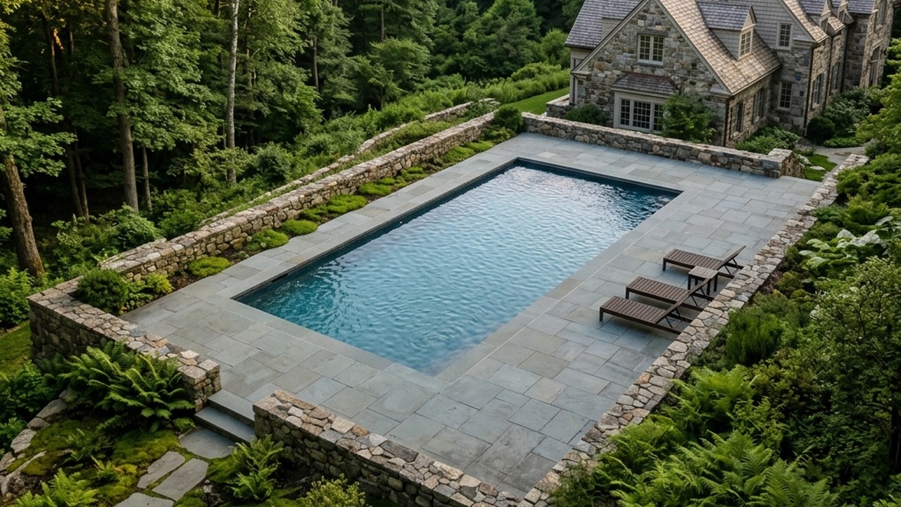 Custom gunite pool terraced into a wooded hillside behind stone retaining walls on an elevated Fairfield County property