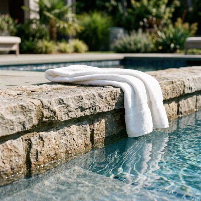 Natural stone coping and waterline detail on a custom gunite pool