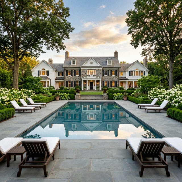 Straight rectangular gunite pool with stone terrace running its full length on a wooded estate property
