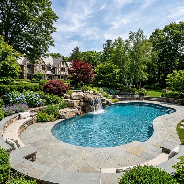 Gunite pool on a terraced stone bluestone surround set in rolling wooded estate ground