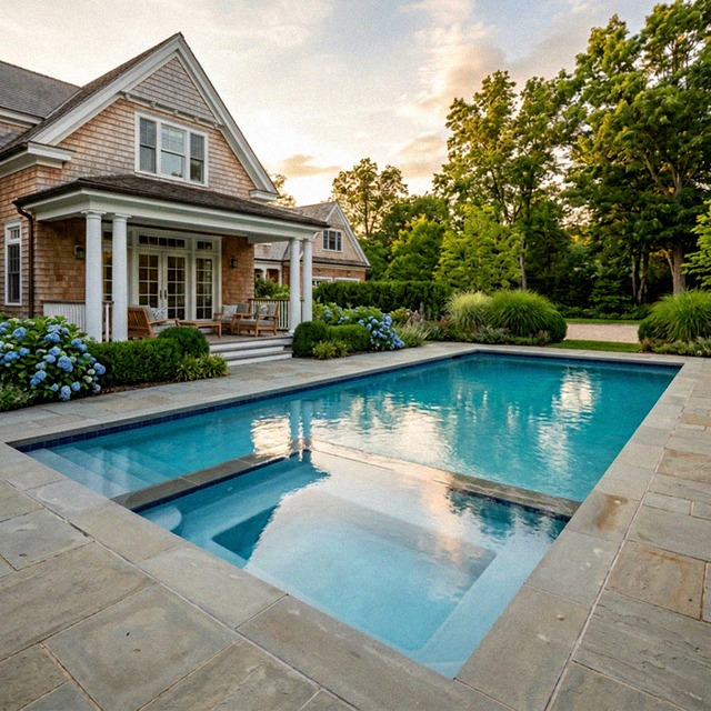 Completed rectangular gunite pool on a finished stone terrace, coping unbroken on all four sides