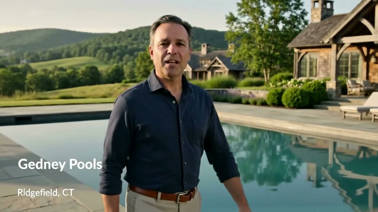 A Gedney Pools estate pool set into the rolling hills of Ridgefield, Connecticut